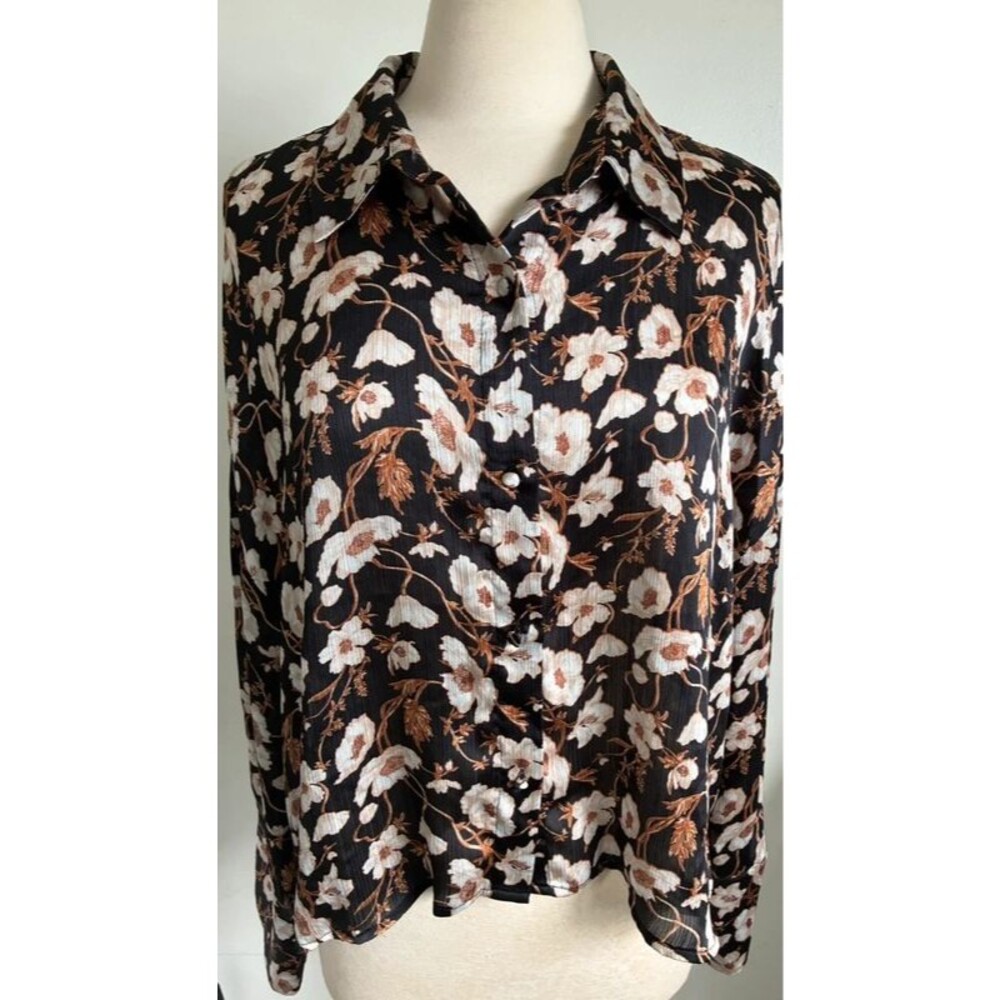 Parker Women’s XL Black Floral Button Down Blouse High Low Long Sleeve